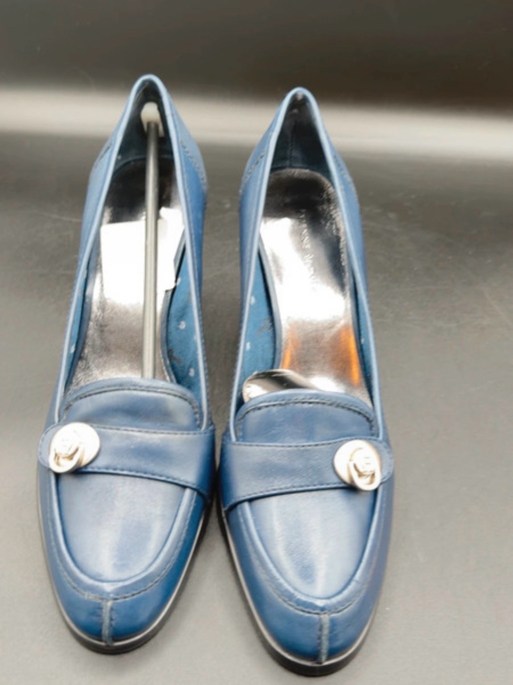 Etienne Aigner Blue Leather Heeled Loafers with Silver-Tone Medallion